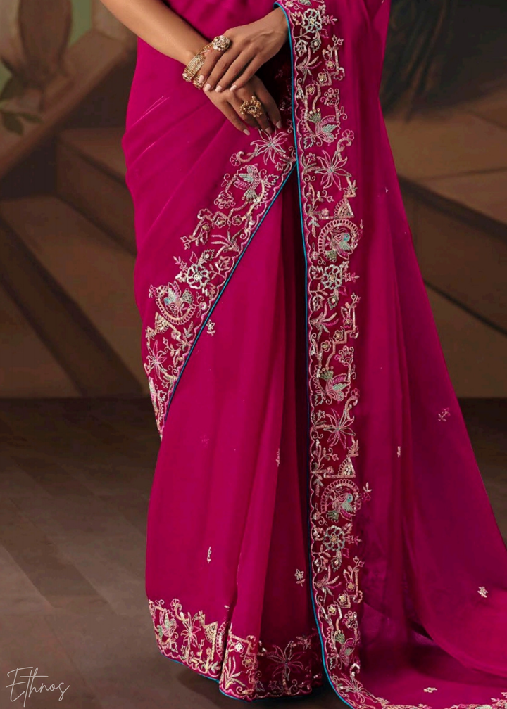 Fuchsia Pink Sequins Organza Saree