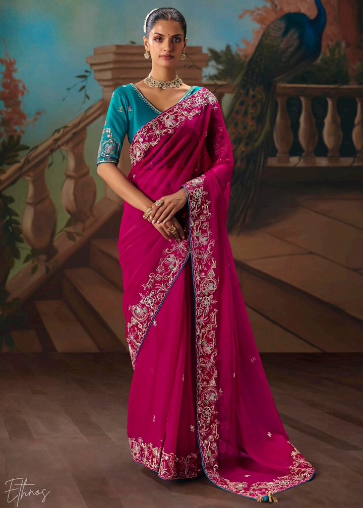 Fuchsia Pink Sequins Organza Saree