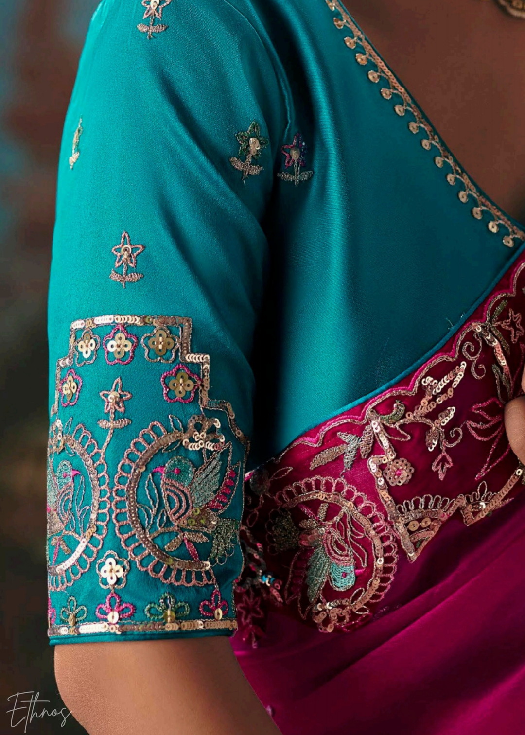 Fuchsia Pink Sequins Organza Saree