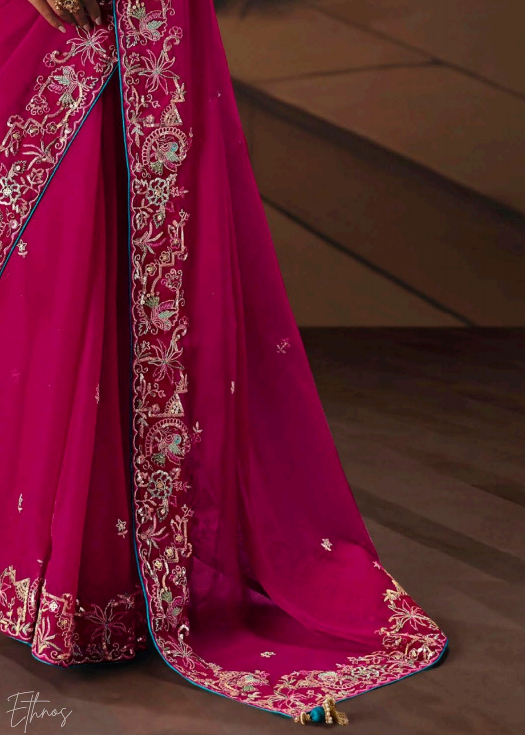 Fuchsia Pink Sequins Organza Saree