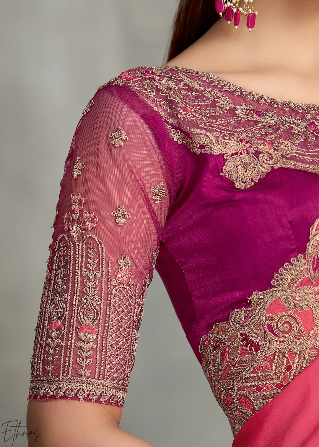 Fuchsia Pink Swirl Floral Embroidered Satin Silk Chiffon Saree