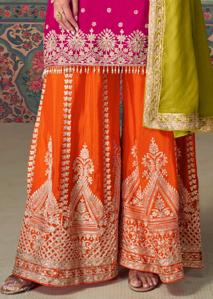 Fuchsia & Lime Green Embroidered Chinon Sharara Suit