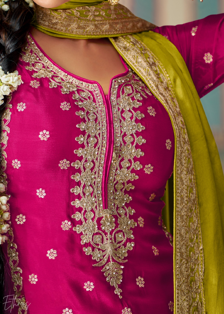 Fuchsia & Lime Green Embroidered Chinon Sharara Suit