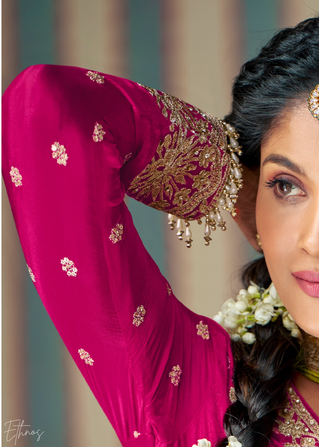 Fuchsia & Lime Green Embroidered Chinon Sharara Suit