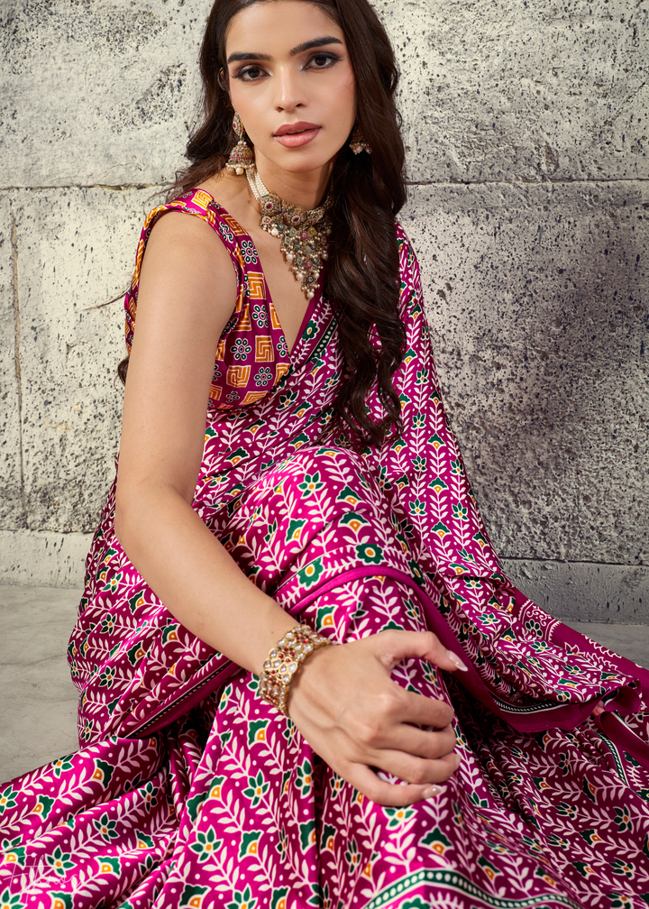 Fuchsia Pink Ajrakh Printed Modal Satin Saree