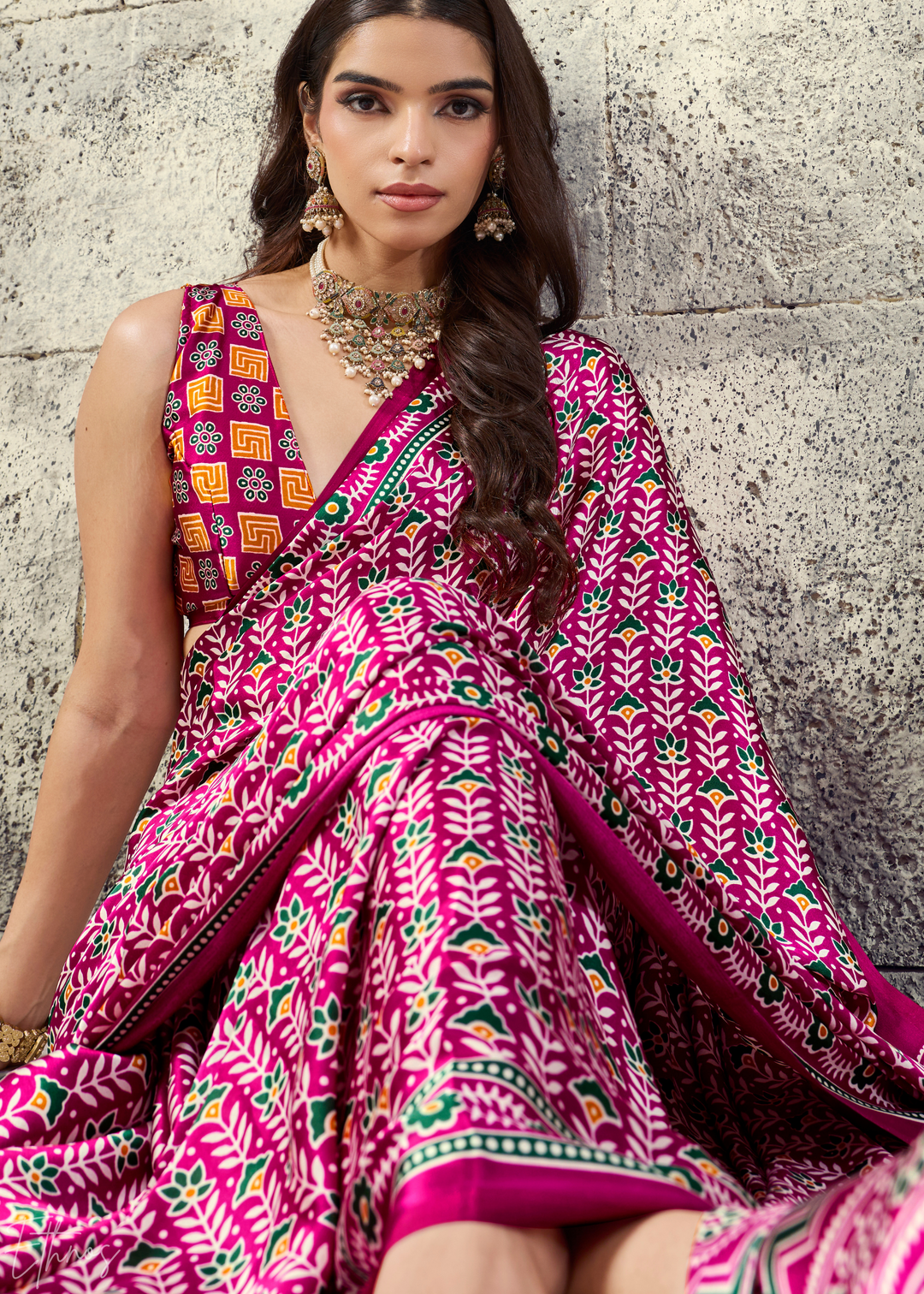Fuchsia Pink Ajrakh Printed Modal Satin Saree
