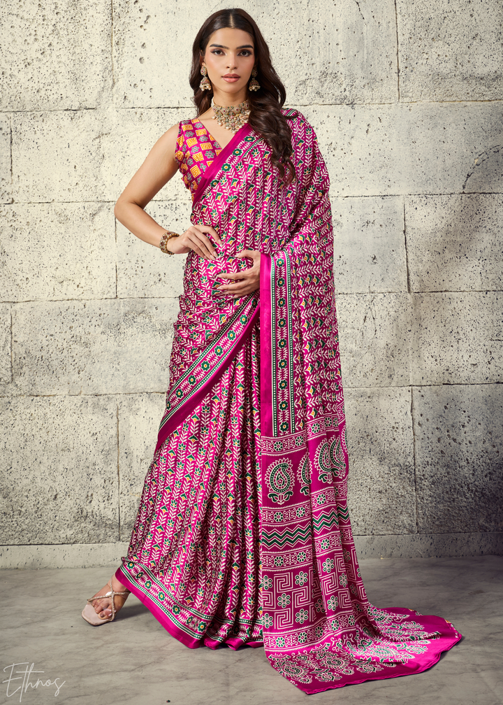 Fuchsia Pink Ajrakh Printed Modal Satin Saree