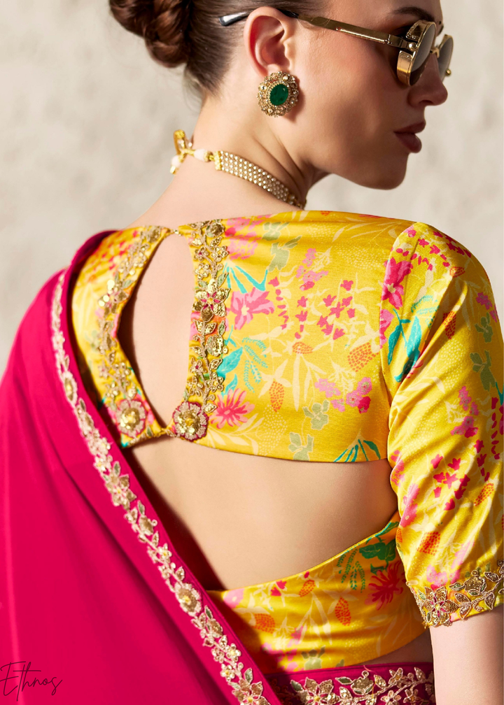 Fuchsia Pink Embroidered Glass Tissue Designer Saree