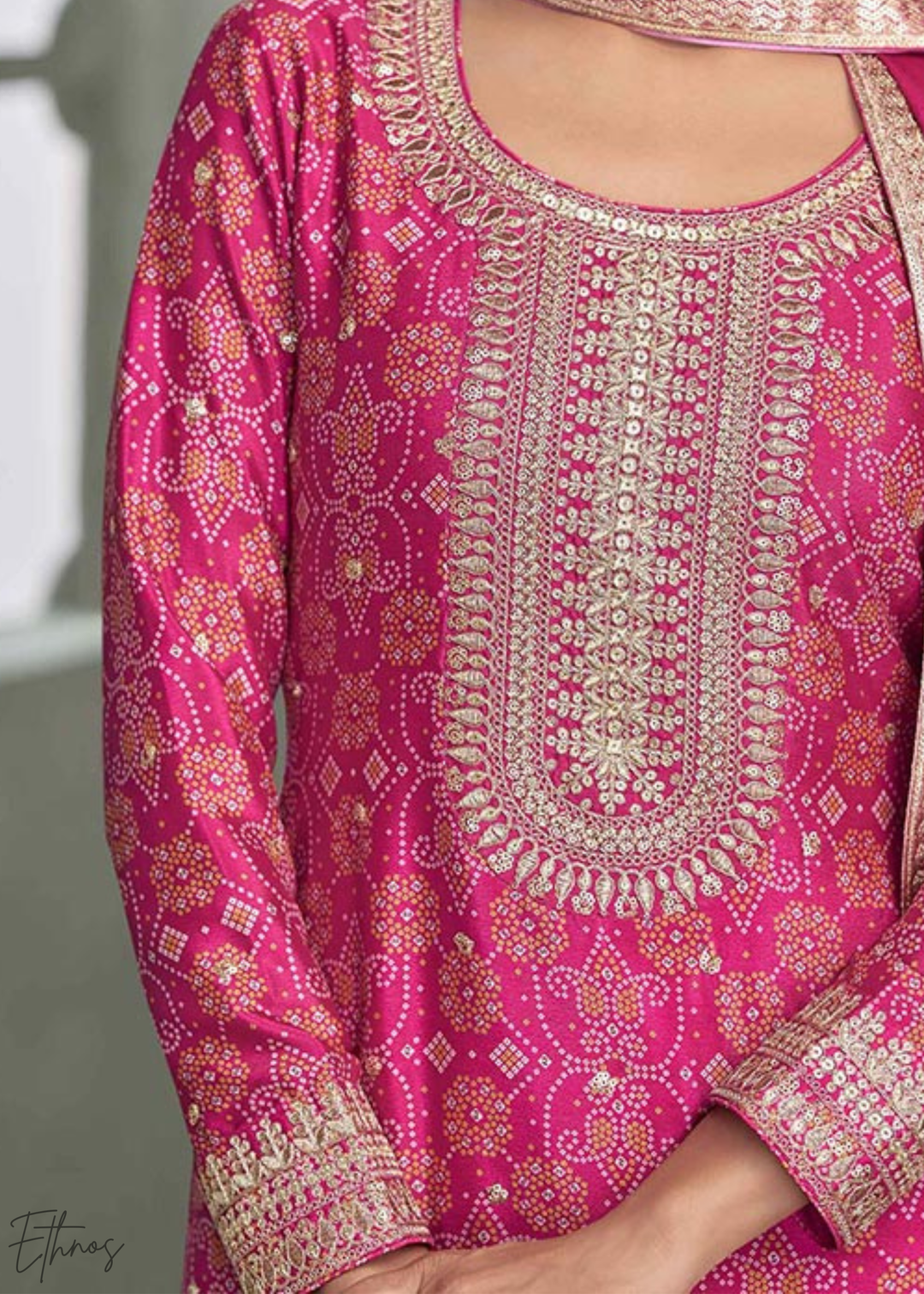 Hot Pink Banarasi-Geometric Chinon Palazzo Suit