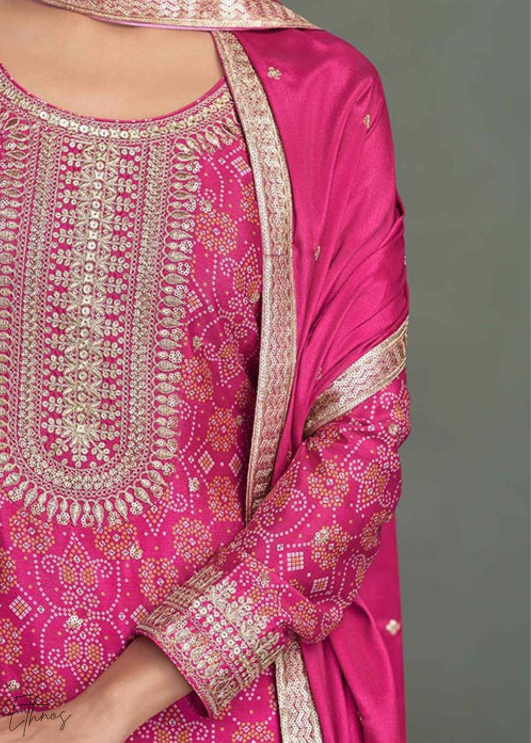 Hot Pink Banarasi-Geometric Chinon Palazzo Suit