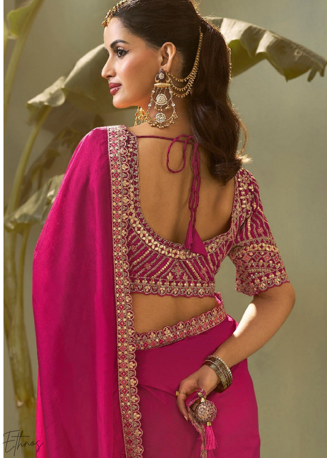 Fuchsia Pink Gota Patti Bamber Silk Saree