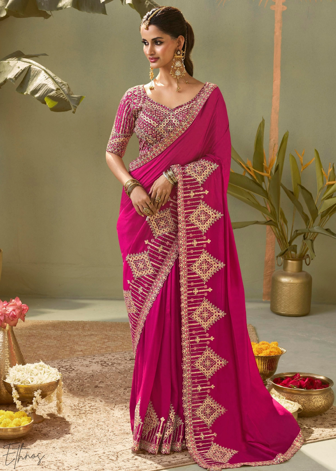 Fuchsia Pink Gota Patti Bamber Silk Saree