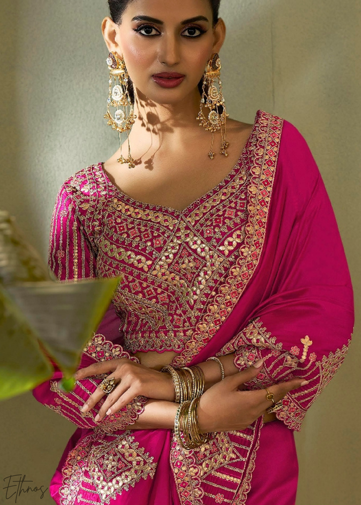 Fuchsia Pink Gota Patti Bamber Silk Saree