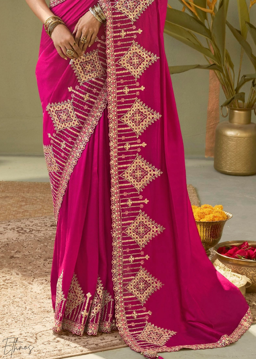 Fuchsia Pink Gota Patti Bamber Silk Saree