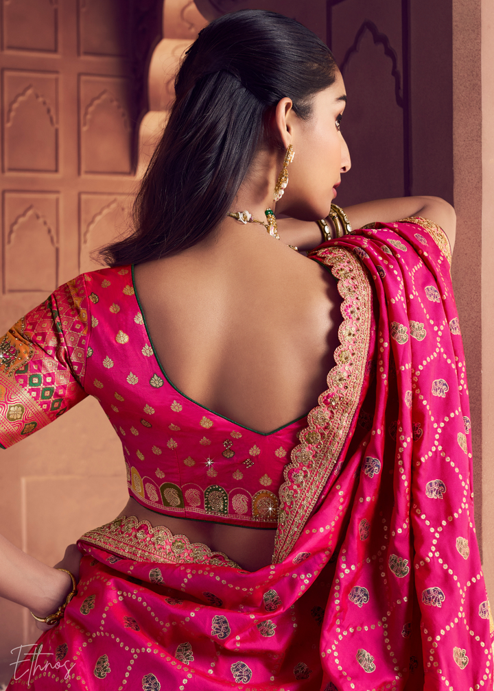 Fuchsia Pink-Orange Zarkan Banarasi Silk Lehenga