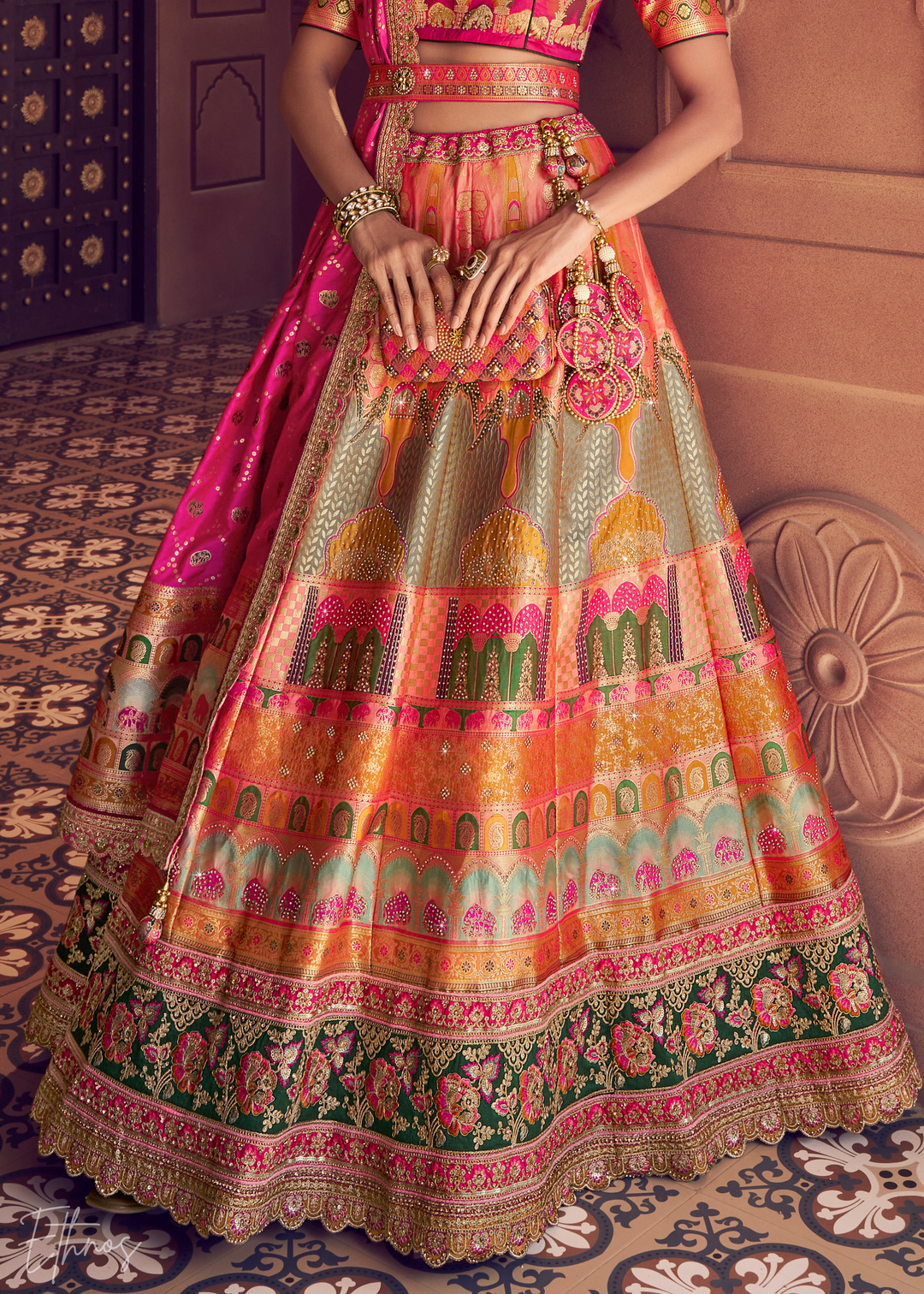 Fuchsia Pink-Orange Zarkan Banarasi Silk Lehenga