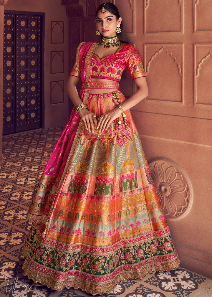 Fuchsia Pink-Orange Zarkan Banarasi Silk Lehenga
