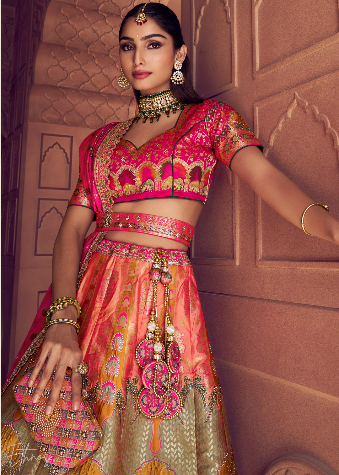 Fuchsia Pink-Orange Zarkan Banarasi Silk Lehenga