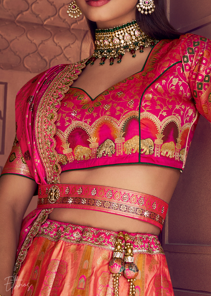 Fuchsia Pink-Orange Banarasi Silk Lehenga
