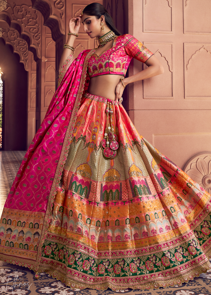Fuchsia Pink-Orange Zarkan Banarasi Silk Lehenga