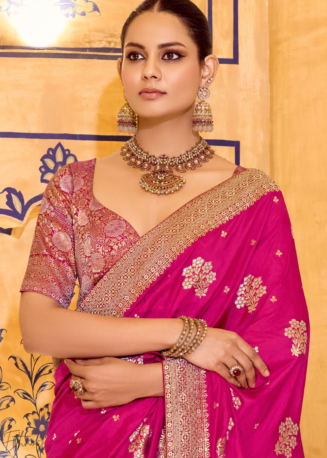Fuchsia Pink Zari Crepe Silk Saree