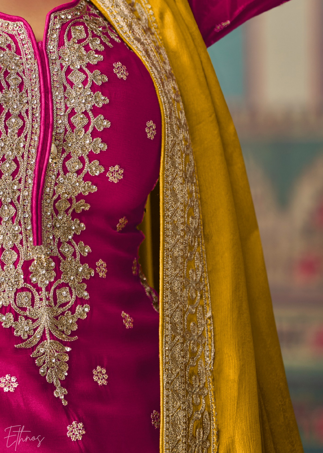 Fuchsia & Yellow Embroidered Chinon Sharara Suit