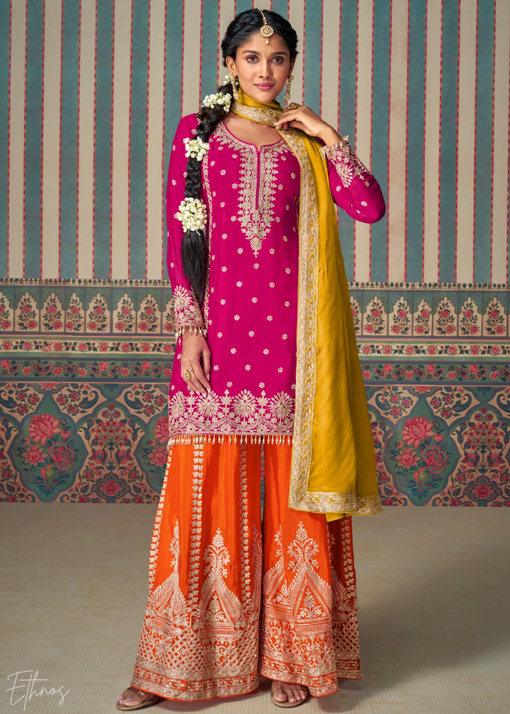 Fuchsia & Yellow Embroidered Chinon Sharara Suit