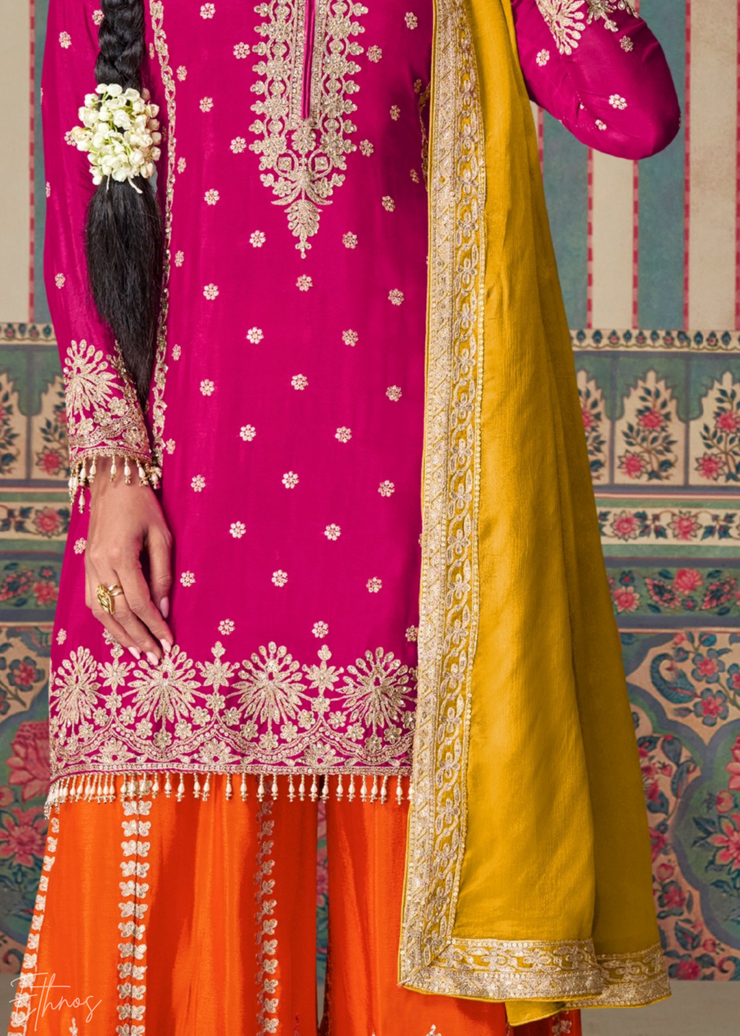 Fuchsia & Yellow Embroidered Chinon Sharara Suit