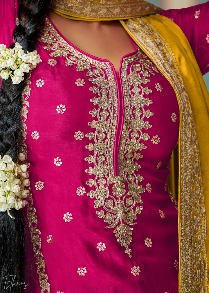 Fuchsia & Yellow Embroidered Chinon Sharara Suit