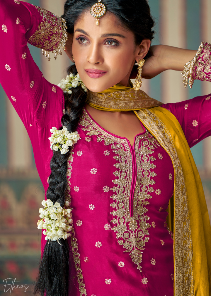 Fuchsia & Yellow Embroidered Chinon Sharara Suit