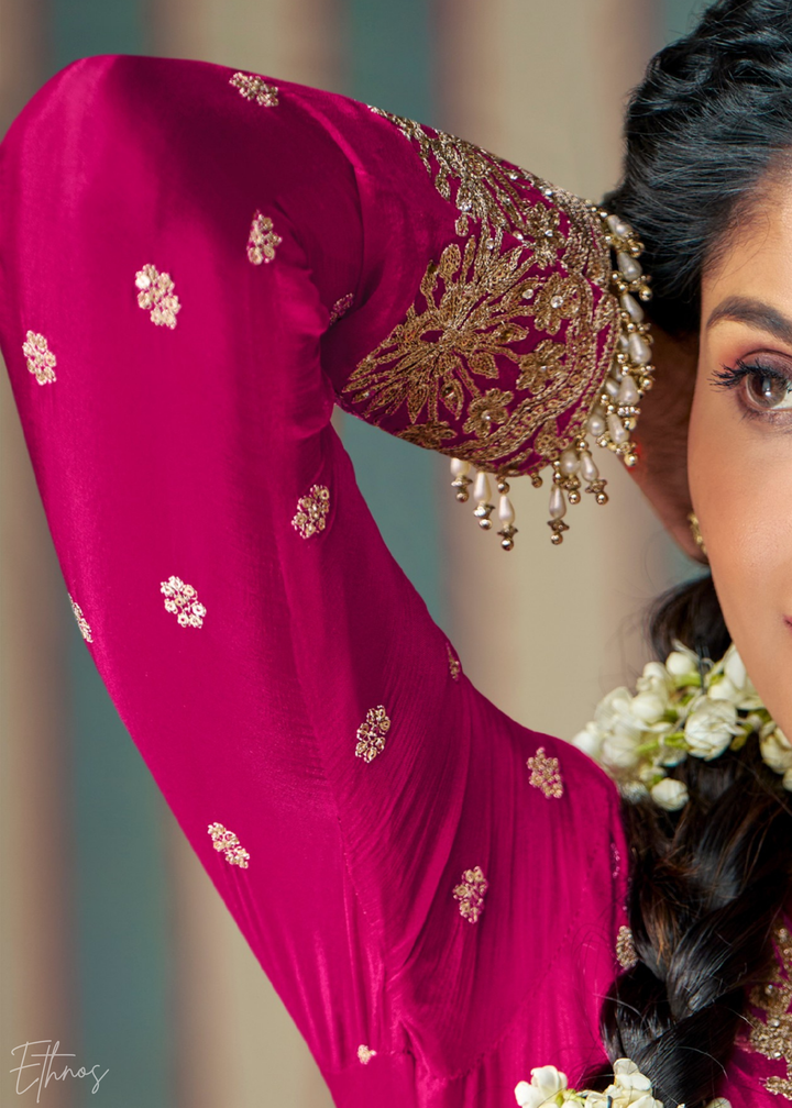 Fuchsia & Yellow Embroidered Chinon Sharara Suit