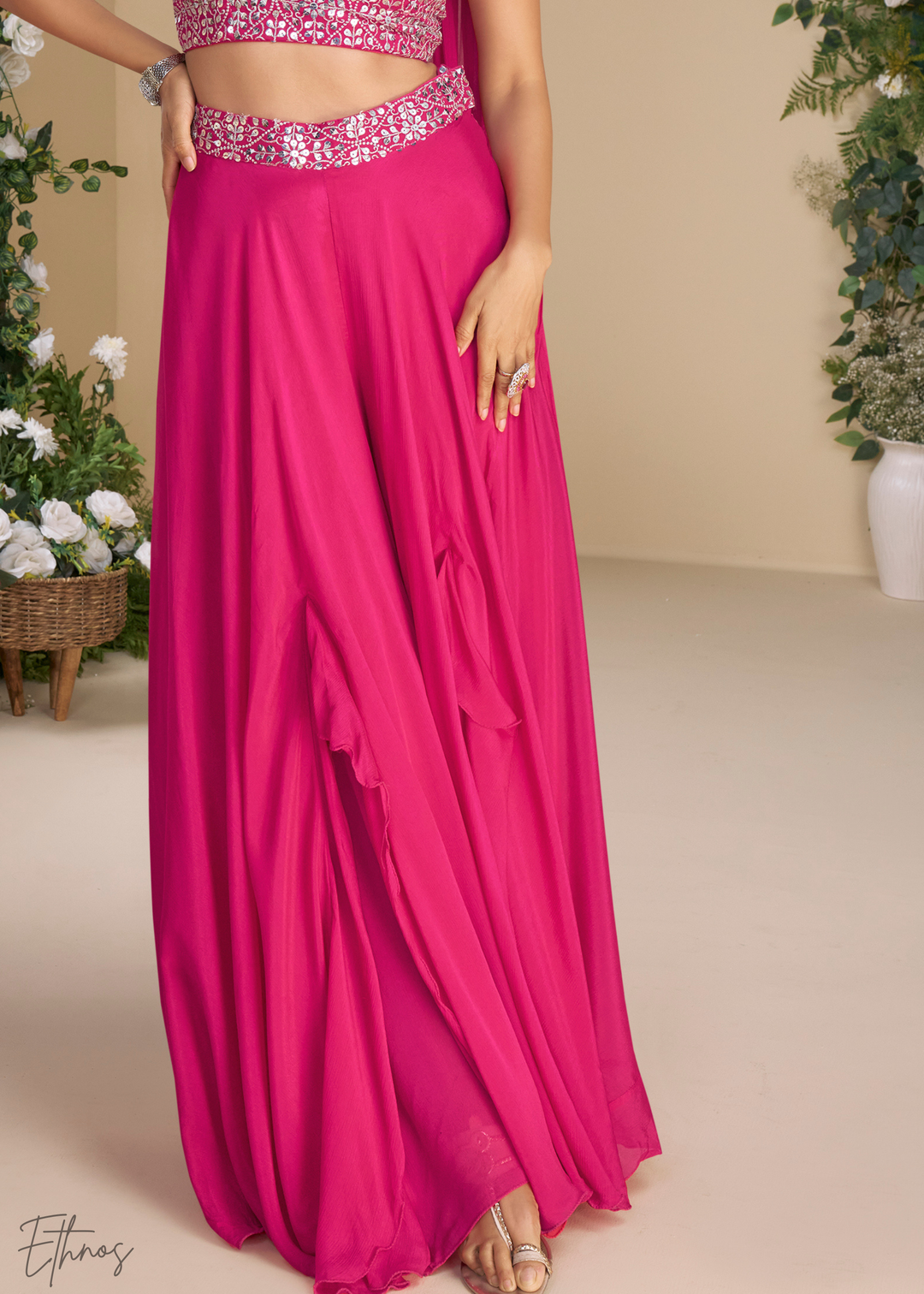 Fuchsia Pink Chinon Silk Palazzo Choli Suit