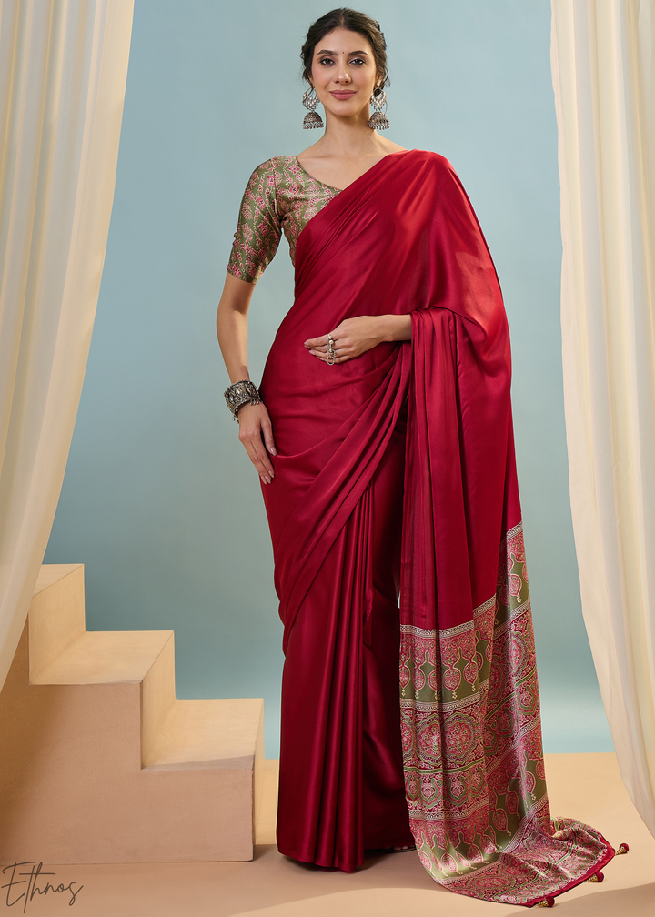 Garnet Red Modal Silk Ajrakh Border Saree