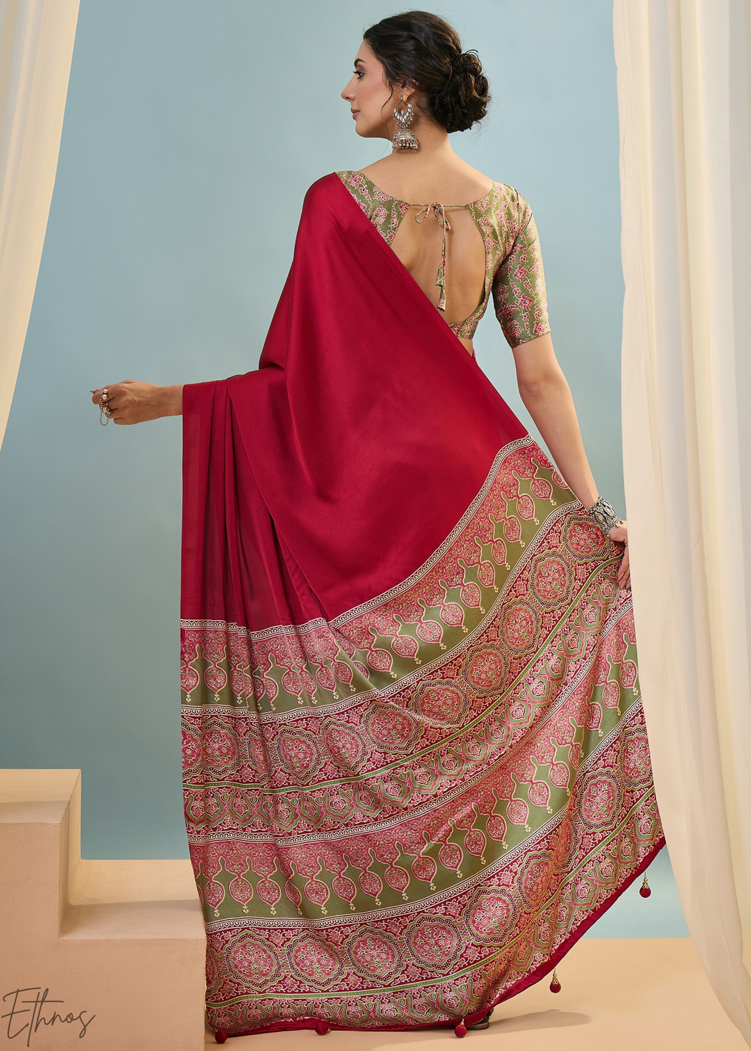 Garnet Red Modal Silk Ajrakh Border Saree