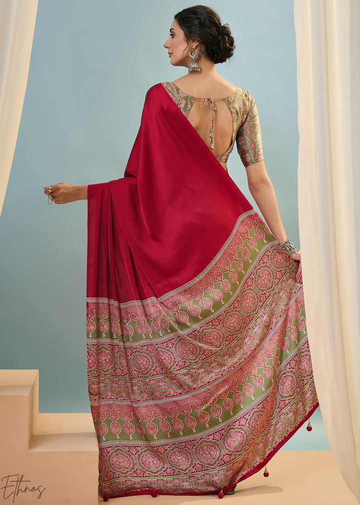 Garnet Red Modal Silk Ajrakh Border Saree