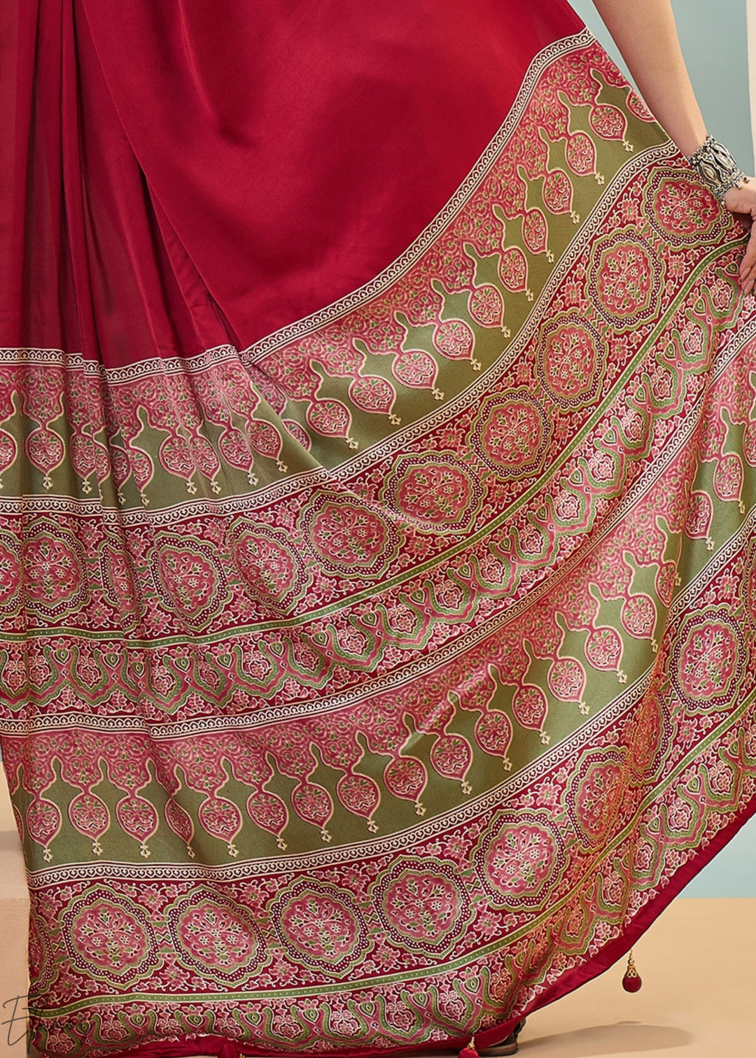 Garnet Red Modal Silk Ajrakh Border Saree