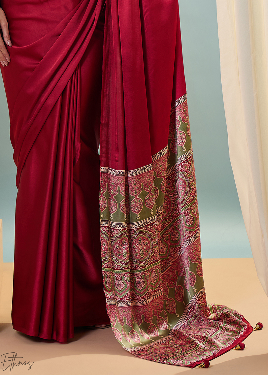 Garnet Red Modal Silk Ajrakh Border Saree