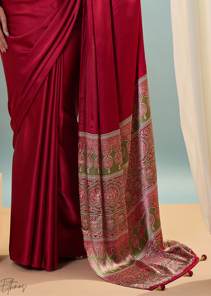 Garnet Red Modal Silk Ajrakh Border Saree