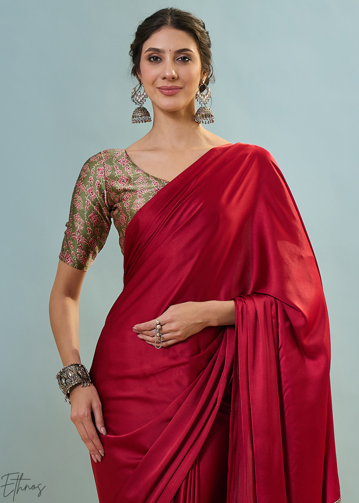 Garnet Red Modal Silk Ajrakh Border Saree