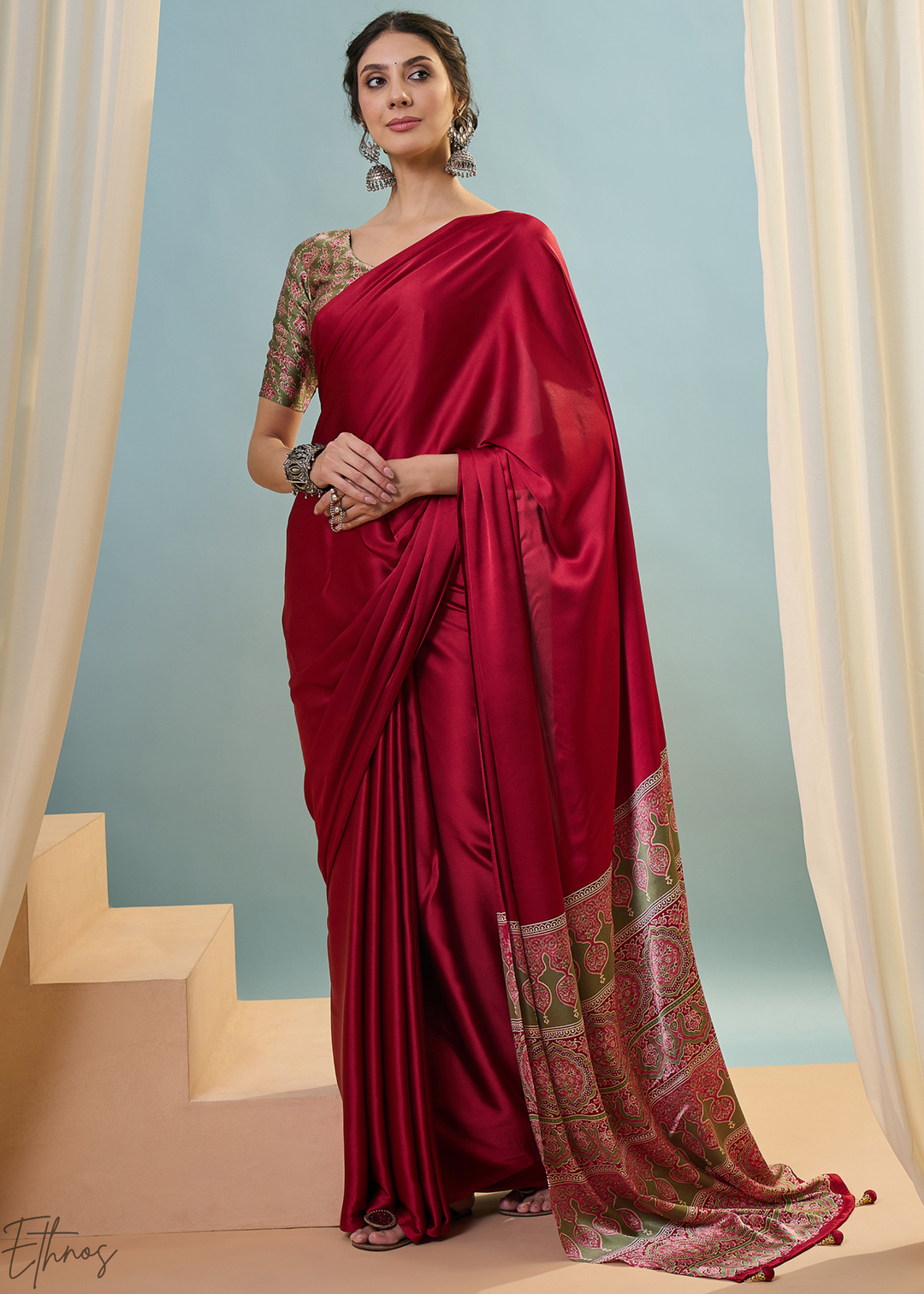 Garnet Red Modal Silk Ajrakh Border Saree