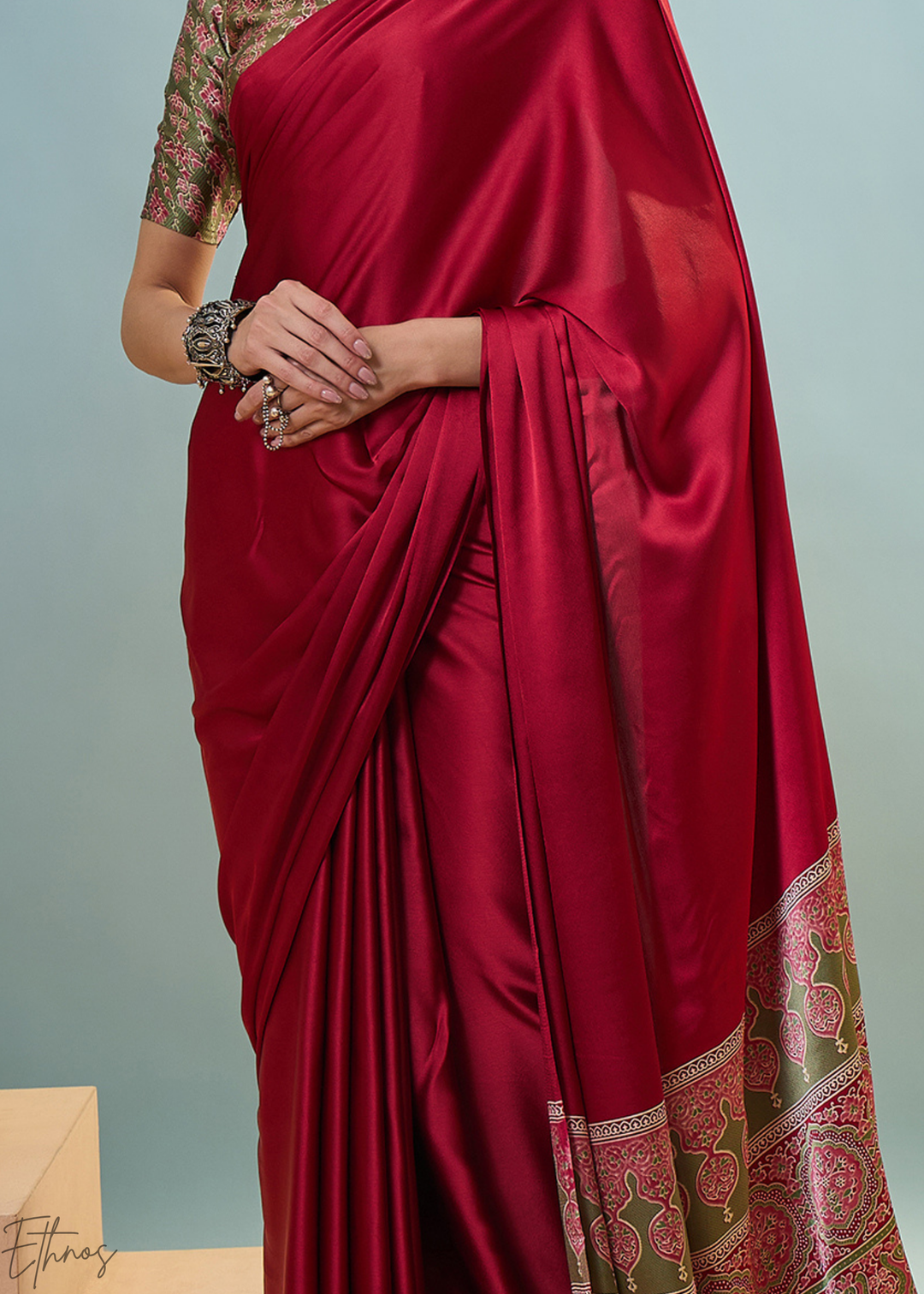 Garnet Red Modal Silk Ajrakh Border Saree