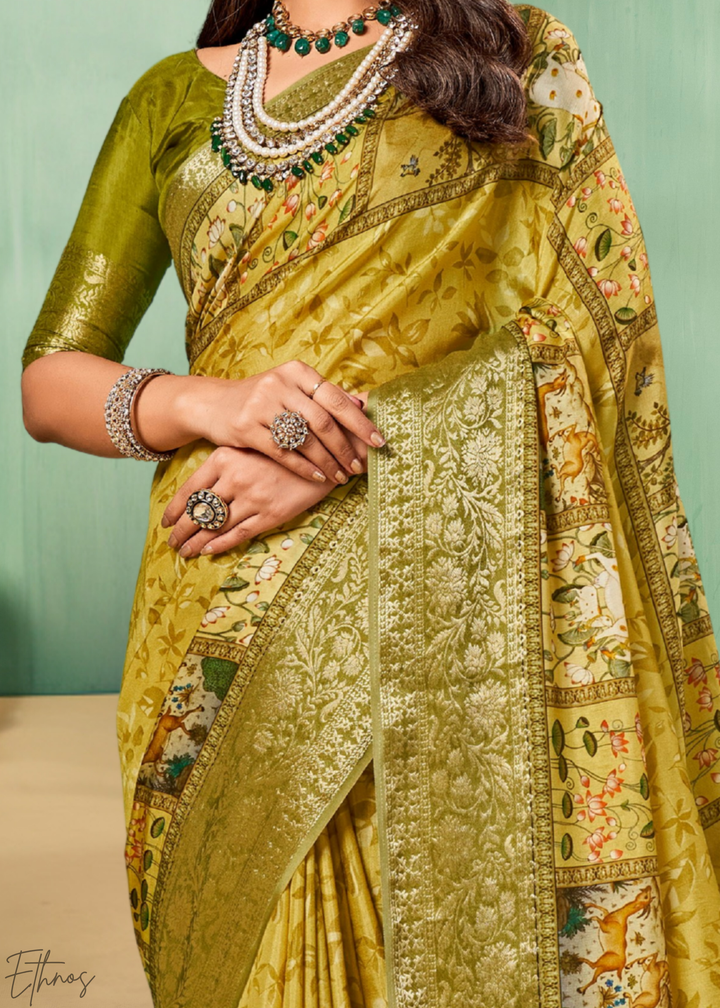 Gilded-Olive Heritage-Pattern Dola Poly-Viscose Saree