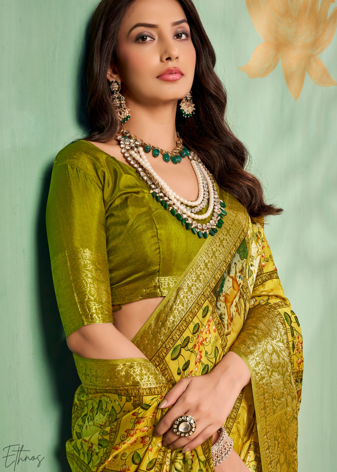 Gilded-Olive Heritage-Pattern Dola Poly-Viscose Saree