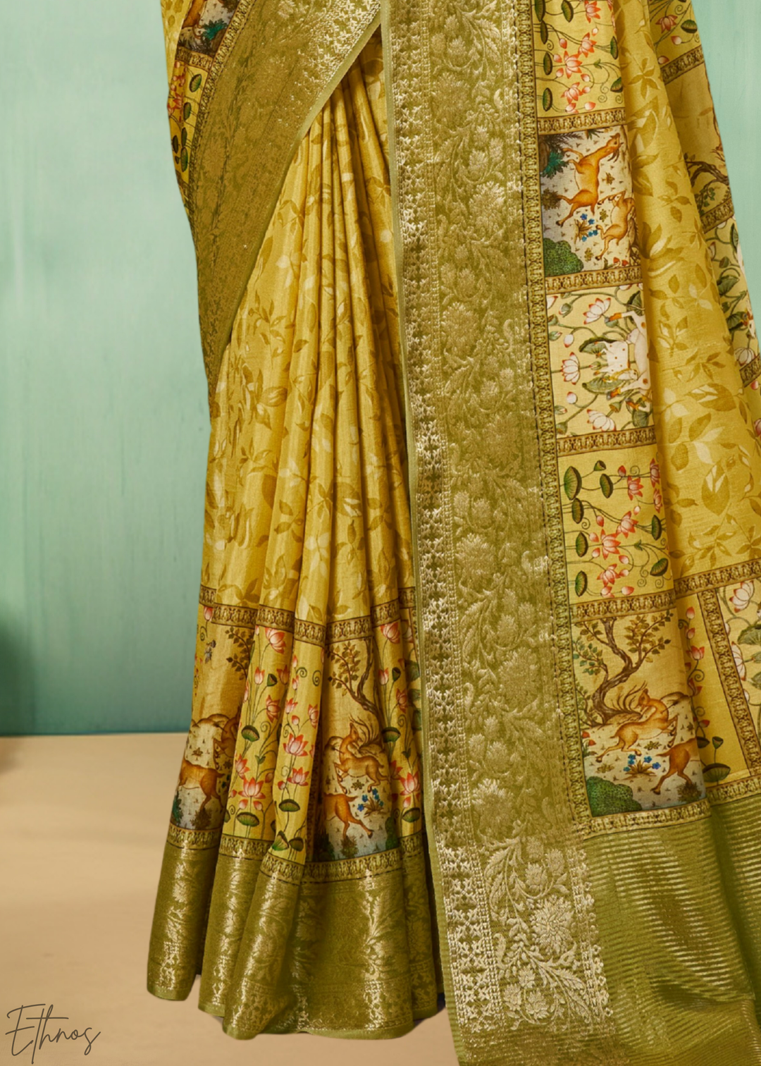 Gilded-Olive Heritage-Pattern Dola Poly-Viscose Saree