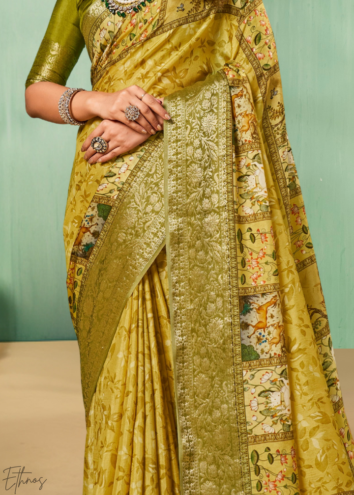 Gilded-Olive Heritage-Pattern Dola Poly-Viscose Saree