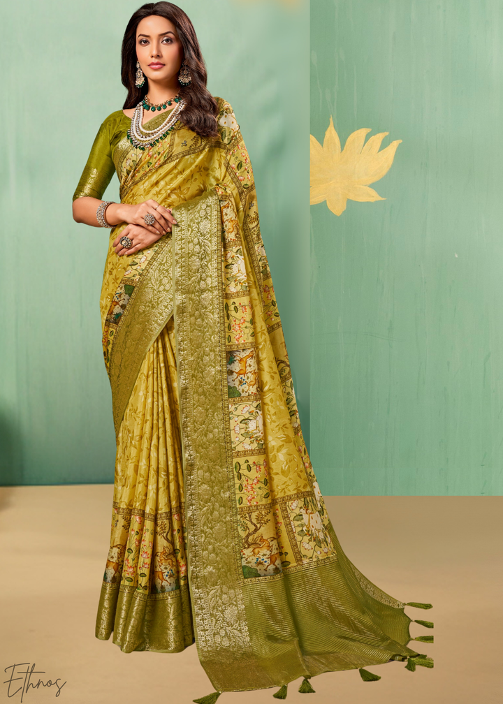 Gilded-Olive Heritage-Pattern Dola Poly-Viscose Saree