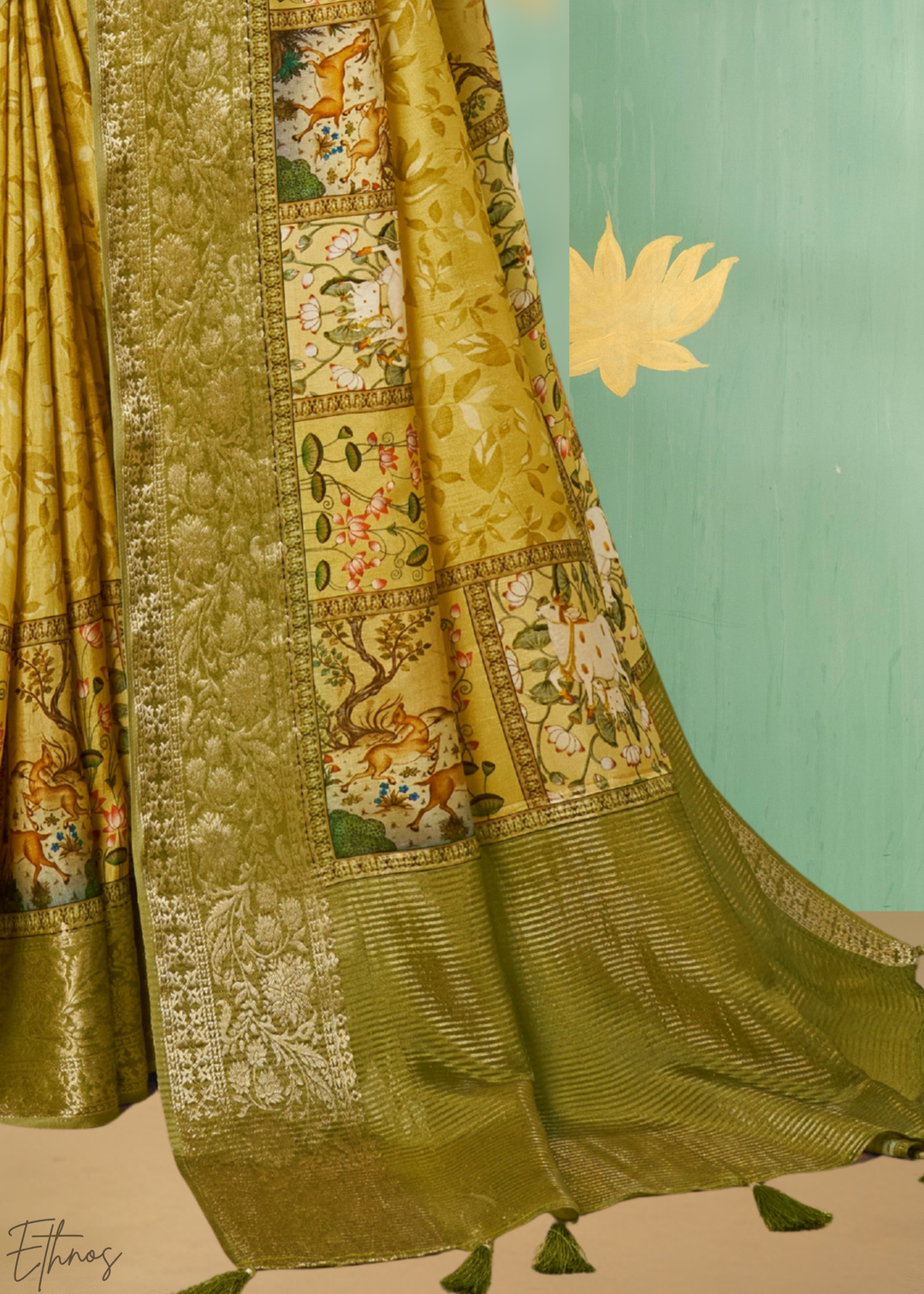 Gilded-Olive Heritage-Pattern Dola Poly-Viscose Saree