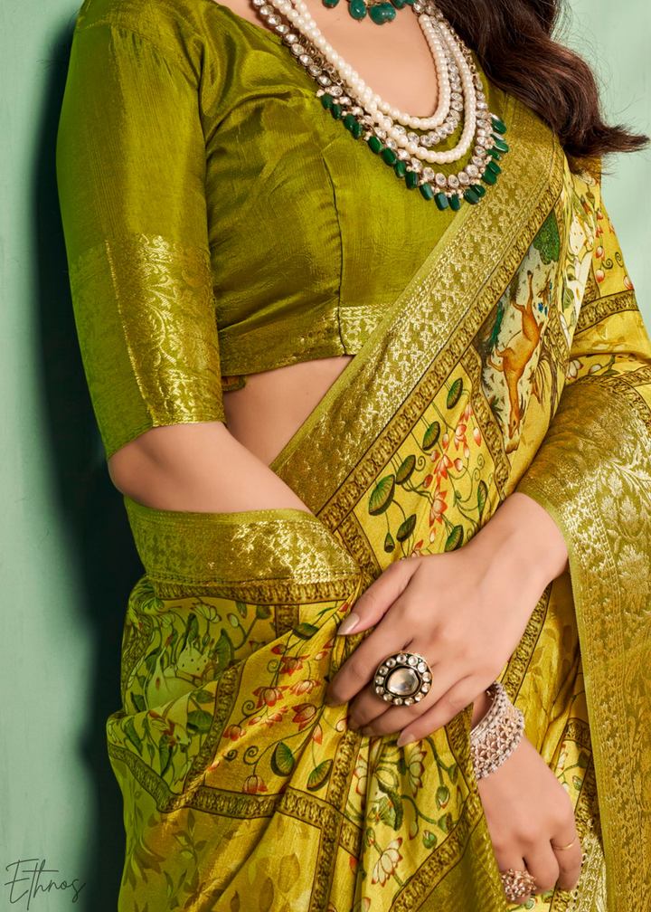 Gilded-Olive Heritage-Pattern Dola Poly-Viscose Saree