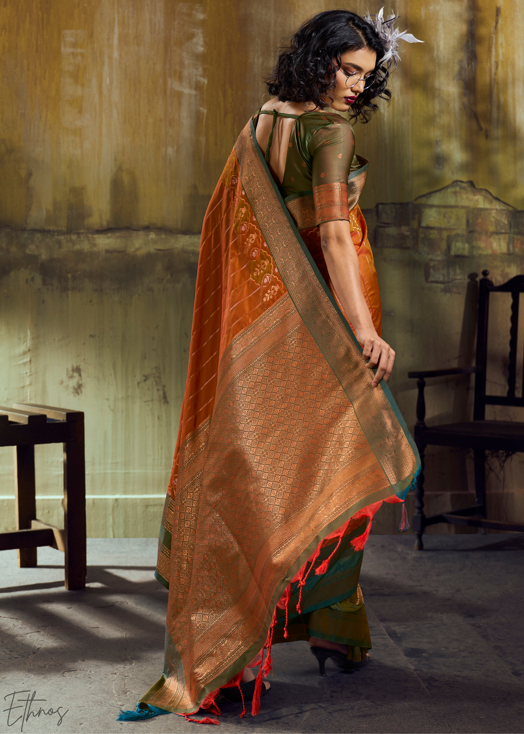 Gilded Saffron Moss Pochampally Ikkat Silk Saree