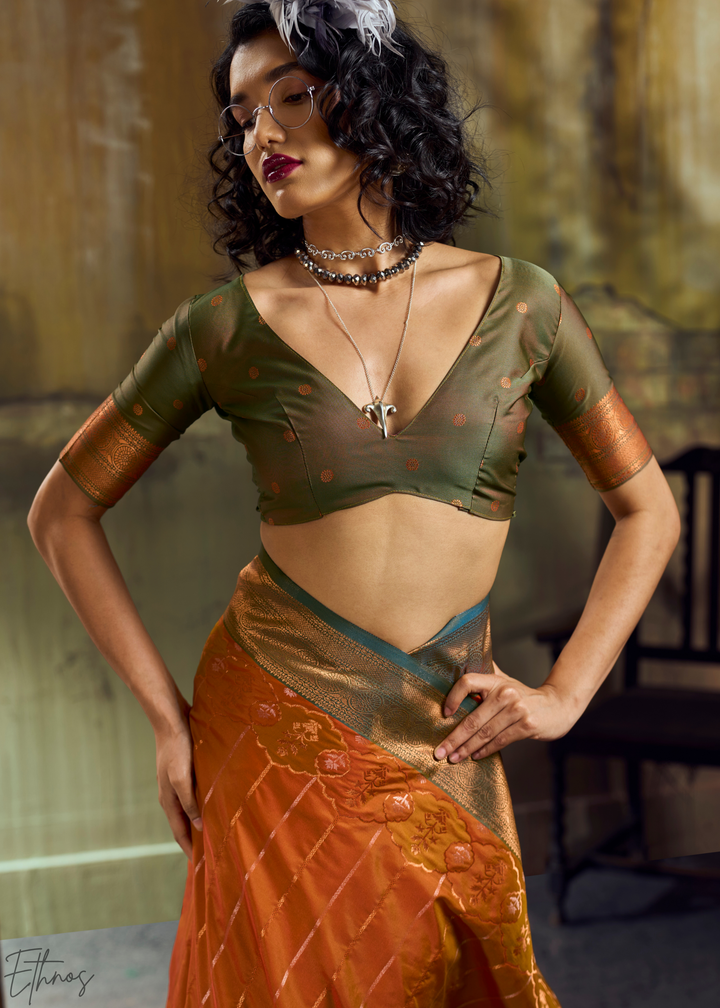 Gilded Saffron Moss Pochampally Ikkat Silk Saree